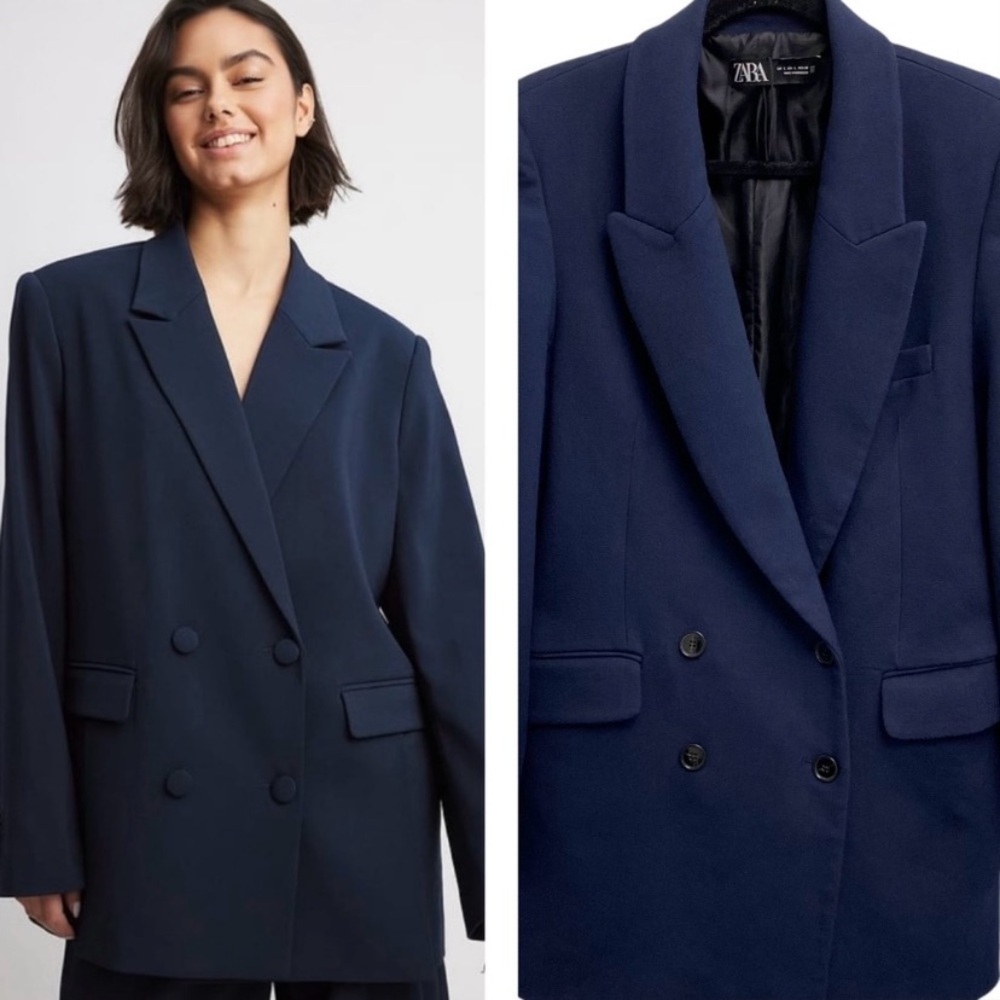 Zara Double Breasted Blazer In Navy Blue With Interior Strap Size Large